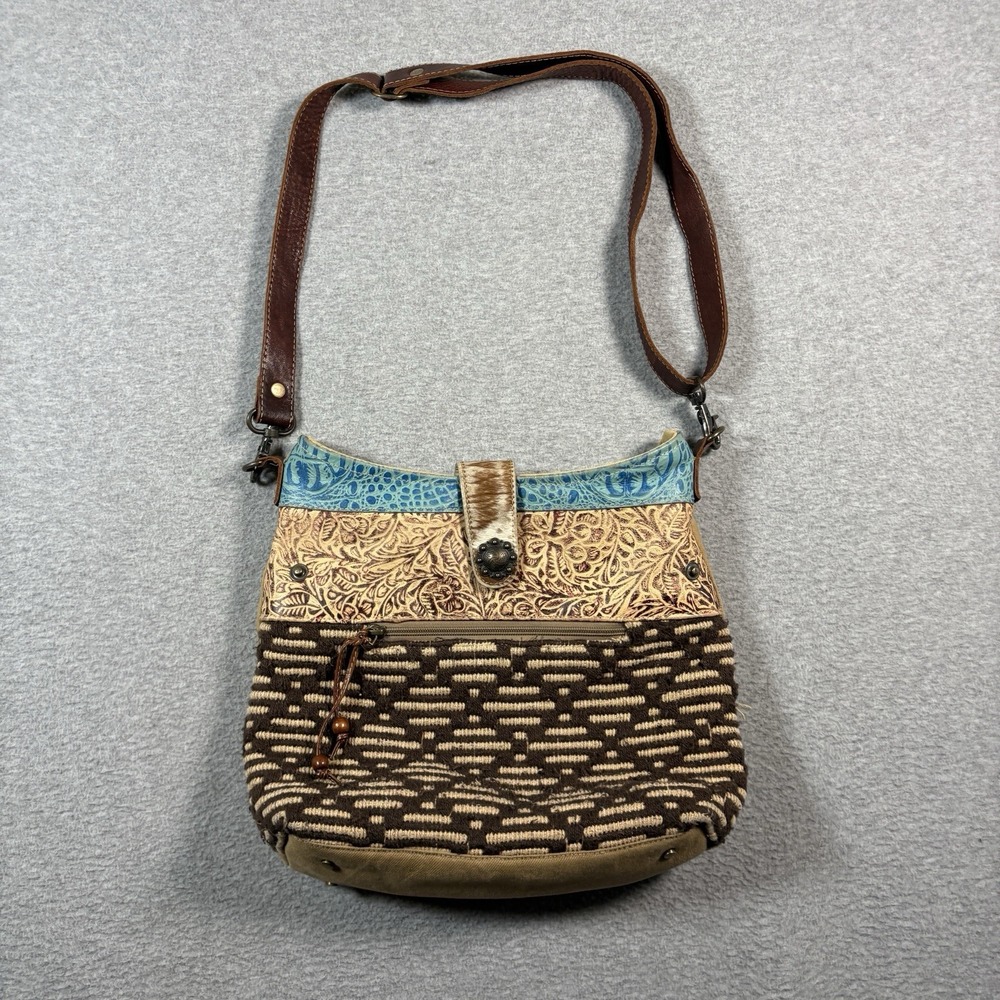 Myra Bag Leather Canvas Crossbody Handbag Woven Rug Cowhide Tooling Southwestern